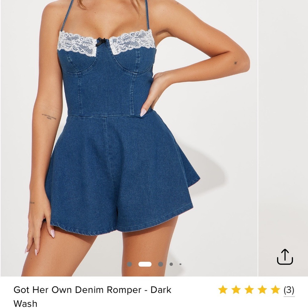 Fashion Nova Dark Blue Denim Romper with White Lace